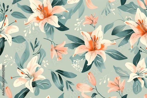 Wallpaper Mural Bohemian Minimalist Lily Flowers, Mint Green and Coral, Seamless Pattern with Flowers and Leaves. Hand Drawn Background. Floral Pattern for Wallpaper, Fabric, Textile, Fashion, Print Torontodigital.ca