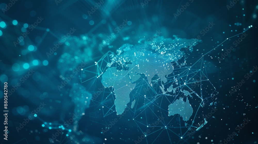 Fototapeta premium World map on futuristic blue background with plexus geometric shapes. Represents internet, technology, social networking, and the future.