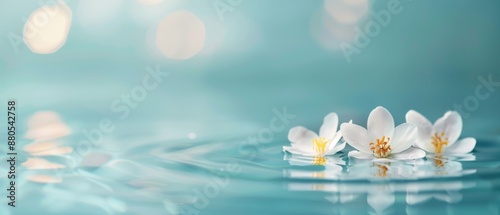 Delicate white flowers floating on tranquil aqua water with soft light bokeh in the background. Serene and peaceful nature scene.