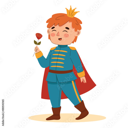 Cute cheerful boy dressed as a fairy-tale prince and feel happy
