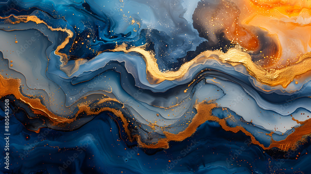 Gallery Detail: Vibrant Abstract Art With Dynamic Blue And Gold Swirls Blending