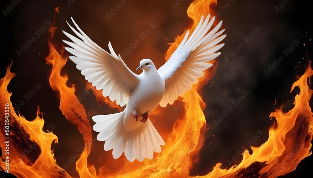 Obraz premium A dove sign of peace is flying infront of fire flames