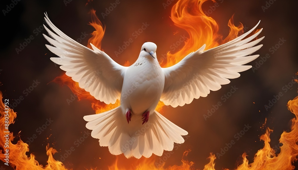 Fototapeta premium A dove sign of peace is flying infront of fire flames