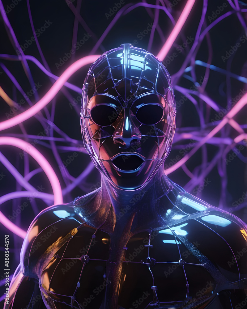 Technologies of the future, masked man, background chip, neural impulses Technologies of the future, masked man, background chip, neural impulses