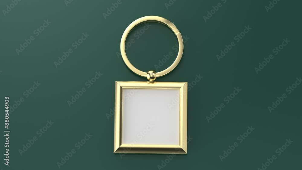 Square gold keychain on a shiny green background