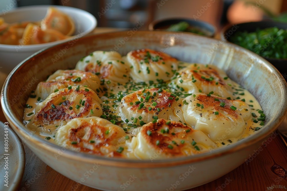 A serving of pelmeni, Russian dumplings filled with meat, topped with melted butter and a sprinkle of chives. A serving of pelmeni, Russian dumplings filled with meat, topped with melted butter and a sprinkle of chives.