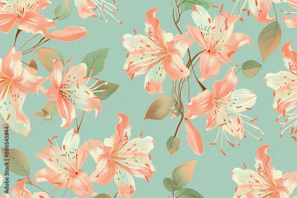 Fototapeta premium Minimalist Garden Aesthetic, Mint Green and Coral Lilies, Seamless Pattern with Flowers and Leaves. Hand Drawn Background. Floral Pattern for Wallpaper, Fabric, Textile, Fashion, Print