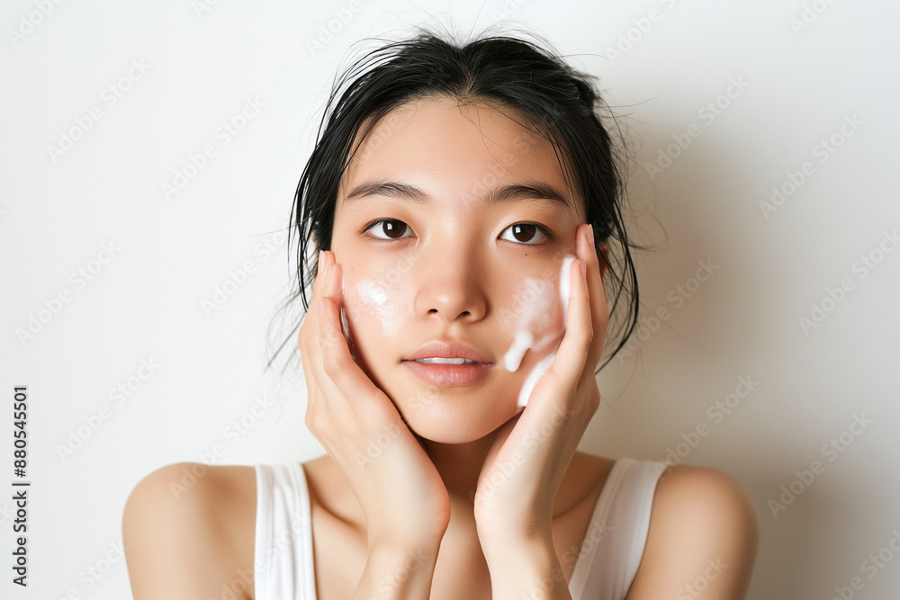 Japanese woman in her 20s wearing a tank top on a white background and washing her face with a facial cleanser Japanese woman in her 20s wearing a tank top on a white background and washing her face with a facial cleanser