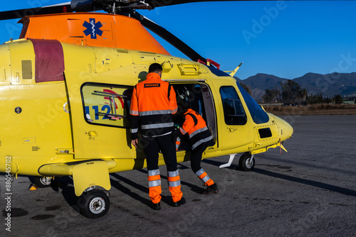 Paramedics outside the medical rescue helicopter