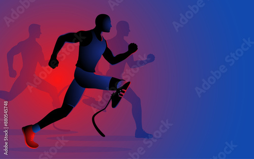 Silhouette of paralympic athletes races with prosthetic legs. Perfect for a sports event article, this highlights determination, athleticism, and the triumph of the human spirit.