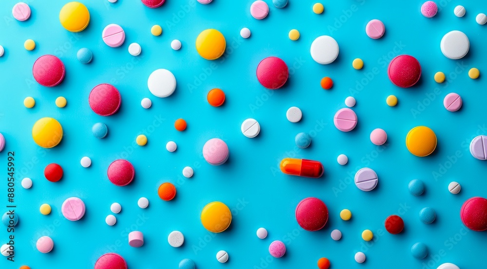 Pattern with various colored pills on blue background, top view, minimal flat lay style. Pattern with various colored pills on blue background, top view, minimal flat lay style.