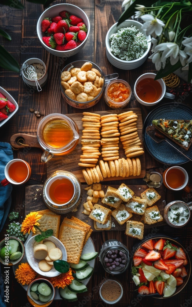 A rustic table setting with tea, fruit, cheese, and crackers. Perfect for a summer afternoon gathering. A rustic table setting with tea, fruit, cheese, and crackers. Perfect for a summer afternoon gathering.