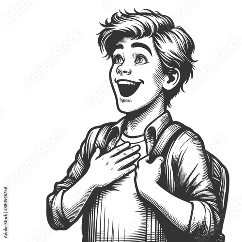 excited boy with a backpack, expressing joy and surprise, hand on chest sketch engraving generative ai fictional character vector illustration. Scratch board imitation. Black and white image.