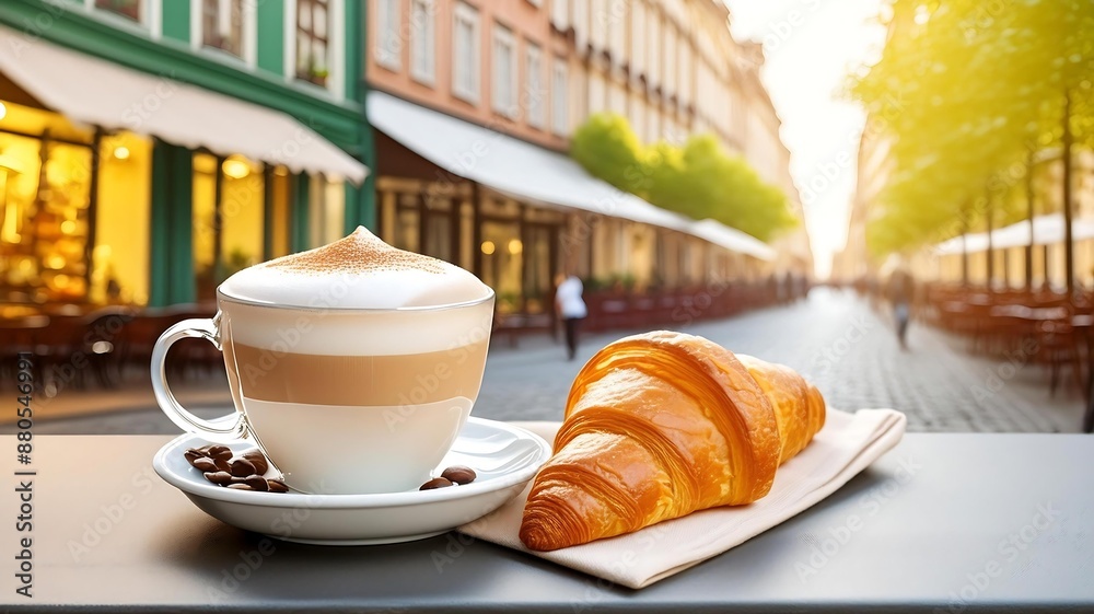 Cappuccino coffee with a croissant on a table, a charming street cafe in the background, front view Cappuccino coffee with a croissant on a table, a charming street cafe in the background, front view