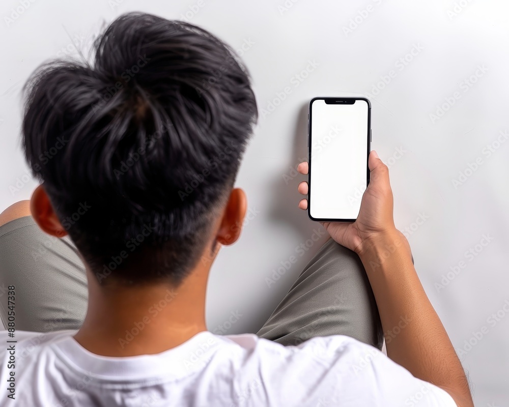 Young Man Lying on the Floor Using a Smartphone with a Blank Screen Isolated on White Background