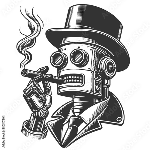 retro-styled robot smoking a cigar, featuring detailed mechanical elements and a vintage aesthetic sketch engraving generative ai vector illustration. Scratch board imitation. Black and white image.
