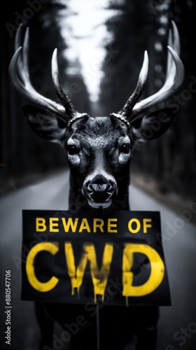 Modern poster with chronical wasting disease theme. Grungy deer portrait and text 