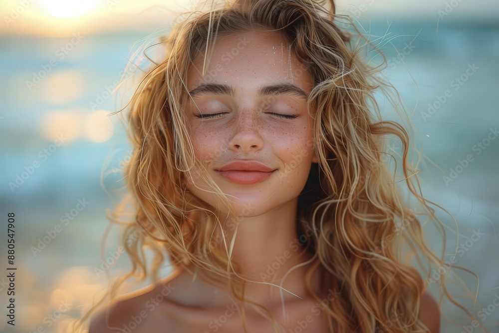 A woman with closed eyes and freckled skin, standing in a beach sunset scene, her contented smile and flowing hair capture a moment of pure bliss and tranquility. A woman with closed eyes and freckled skin, standing in a beach sunset scene, her contented smile and flowing hair capture a moment of pure bliss and tranquility.