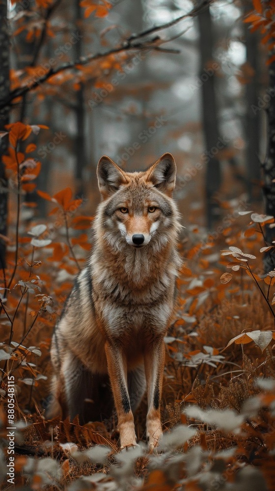 A solitary coyote stands alert in an autumn forest with colorful leaves and trees, showcasing the beauty of wildlife in its natural habitat on a peaceful fall day. A solitary coyote stands alert in an autumn forest with colorful leaves and trees, showcasing the beauty of wildlife in its natural habitat on a peaceful fall day.
