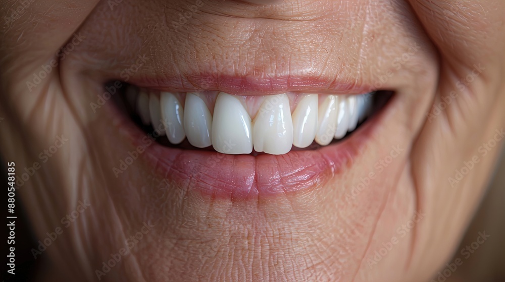 Fototapeta premium Close-up of a smiling elderly woman's mouth with clean white teeth and red lipstick. Dental care and aging photography for design and print. Health and senior wellness concept.