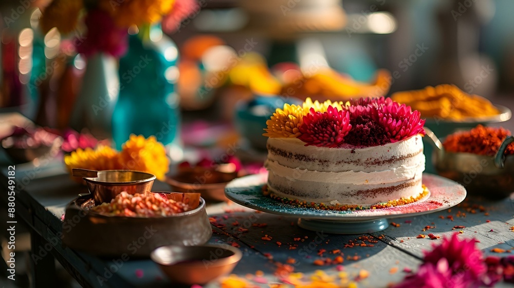 A cake with colorful flowers on a table. A cake with colorful flowers on a table.