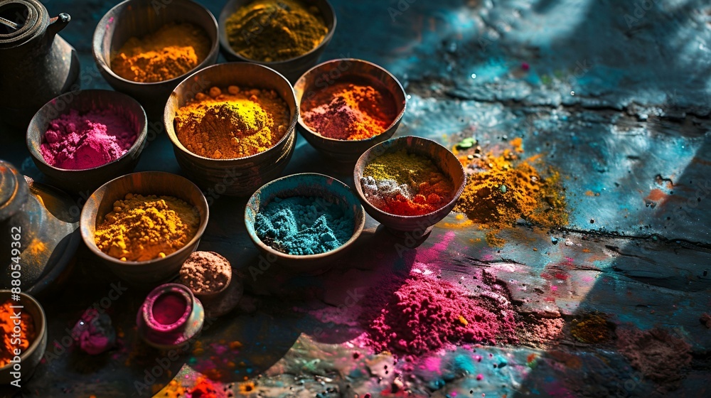 Various vibrant powders in bowls on a wooden table. Various vibrant powders in bowls on a wooden table.