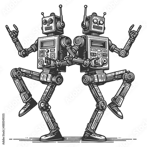 dancing robots with detailed line work, capturing a whimsical and futuristic theme sketch engraving generative ai vector illustration. Scratch board imitation. Black and white image. photo