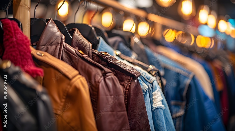 Jackets and clothing on rack with warm bokeh lights Jackets and clothing on rack with warm bokeh lights