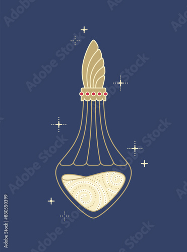 Elegant vintage perfume bottle. Whimsical cut-glass vial with magic golden elixir or potion. Vector illustration.