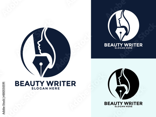 Beauty Writer Women Logo vector, Fountain pen with woman head face for woman writer logo design icon