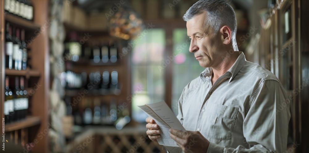 Man browsing a menu or wine list in a dimly lit wine cellar, reflecting gourmet culture Man browsing a menu or wine list in a dimly lit wine cellar, reflecting gourmet culture