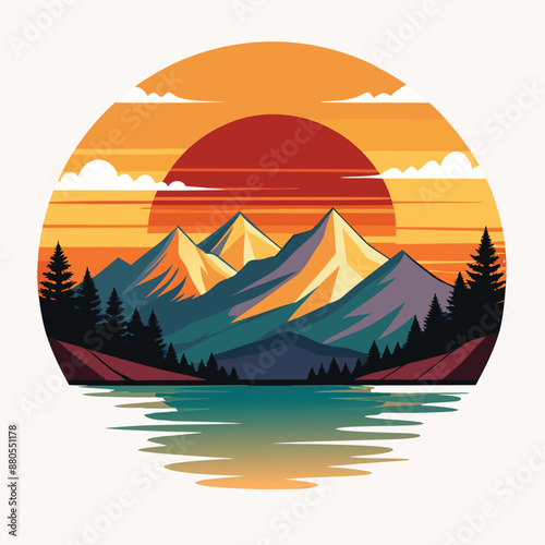 Watercolor sunset over a distant mountain range and a tranquil lake