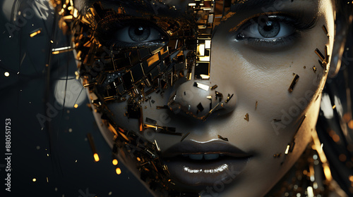 Contemporary Art Of Beautiful Woman Portrait With Golden Mask On Blurry Background