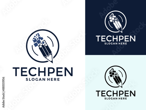 Digital Tech Pen Logo vector. Pen Tech with Pixel Digital logo design template.