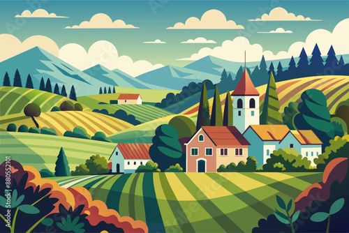 Illustration of a wooden house in the village at one with nature