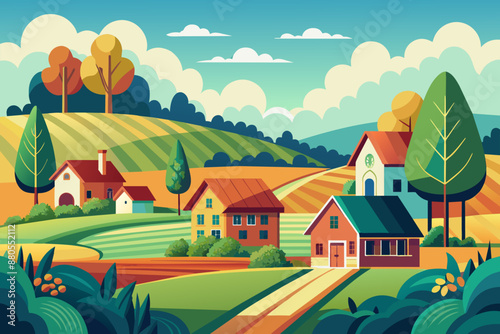 Illustration of a wooden house in the village at one with nature