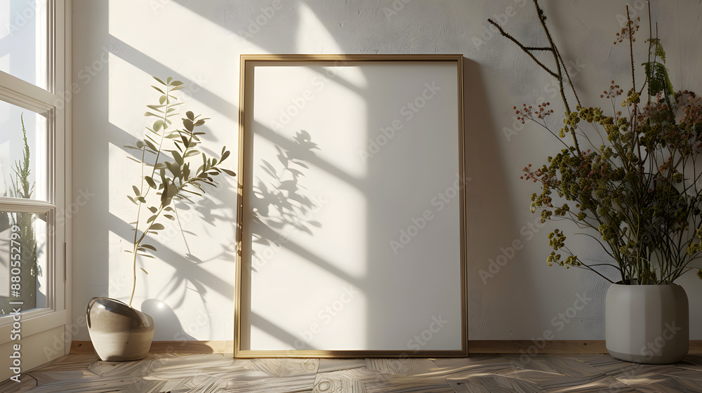 Empty Picture Frame in Bright Minimalist Interior with Plants Empty Picture Frame in Bright Minimalist Interior with Plants