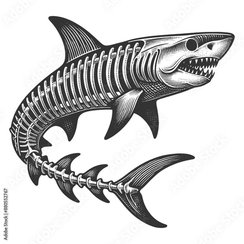 skeleton shark, featuring detailed bone structure and menacing expression sketch engraving generative ai vector illustration. Scratch board imitation. Black and white image.