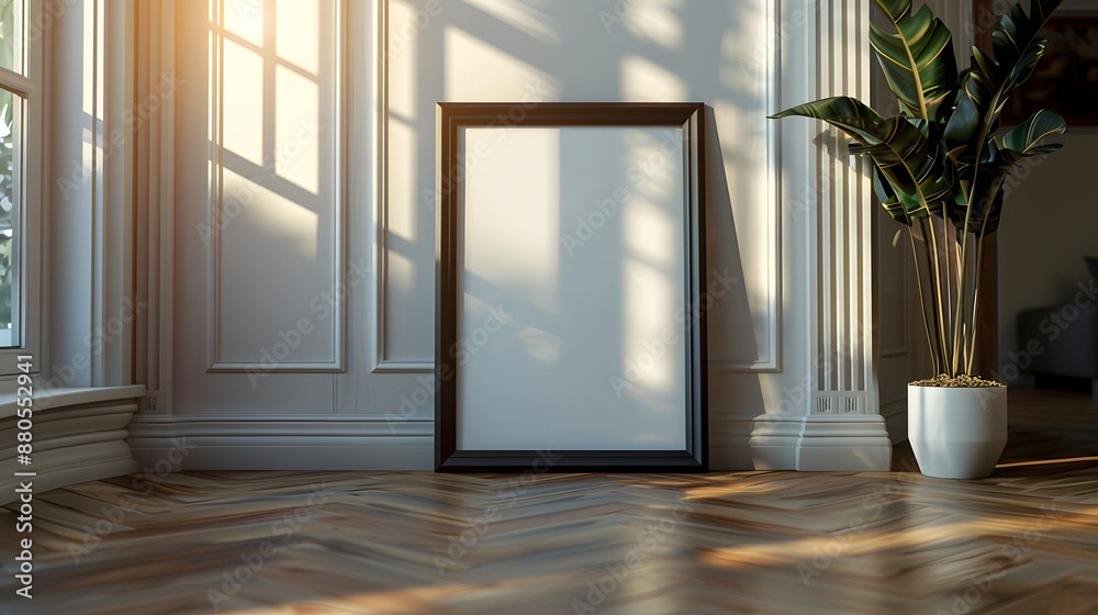 Elegant Interior with Empty Picture Frame and Potted Plant