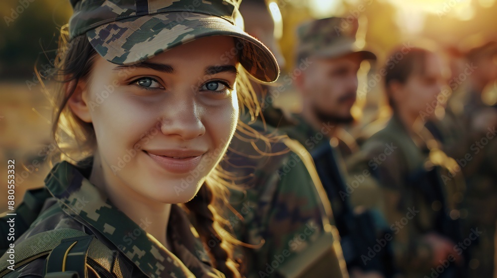 Young woman in military uniform smiling, with friends in the background during golden hour. Cinematic style. Young woman in military uniform smiling, with friends in the background during golden hour. Cinematic style.