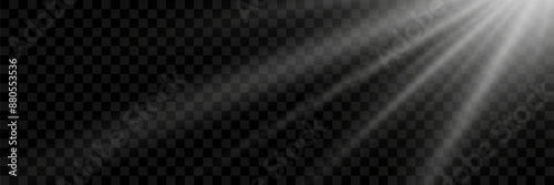 Bright white rays of light and sun, spotlights, illumination on a transparent background