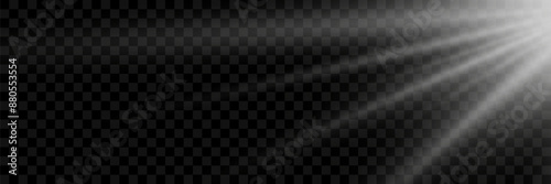 Bright white rays of light and sun, spotlights, illumination on a transparent background