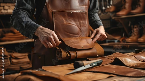 Close-up of a leather craftsman's hands and tools working with genuine cow skin in a workshop. Studio shot.