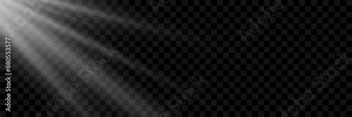 Bright white rays of light and sun, spotlights, illumination on a transparent background