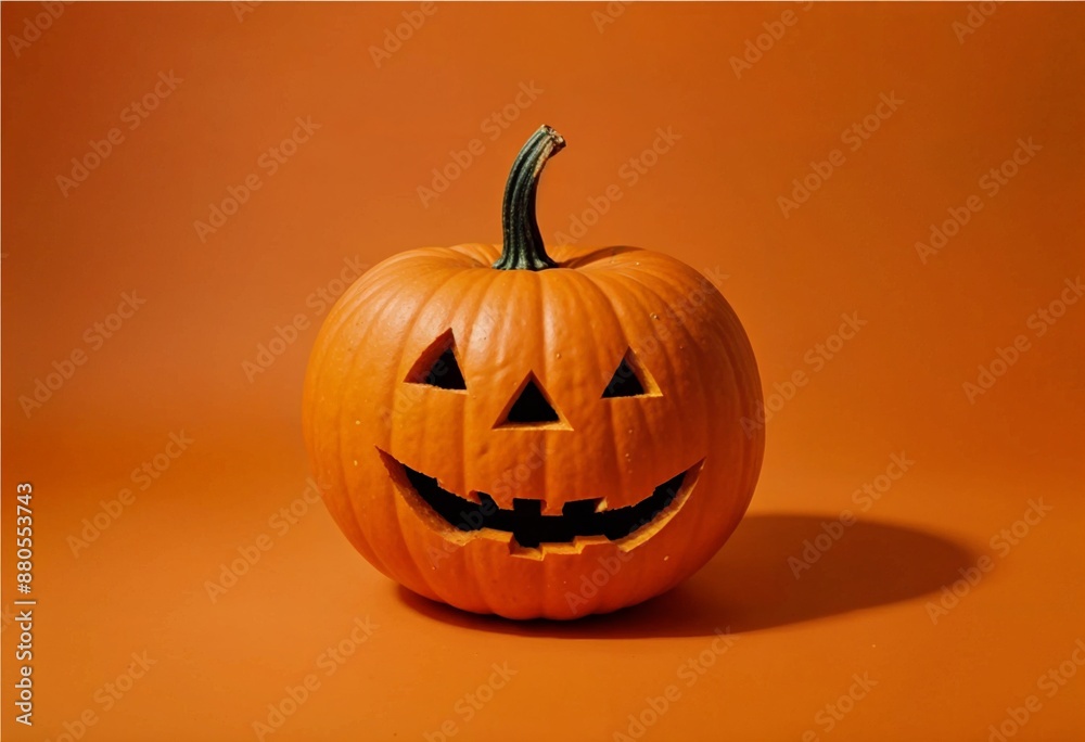 a halloween pumpkin with a face carved into it on an orange background