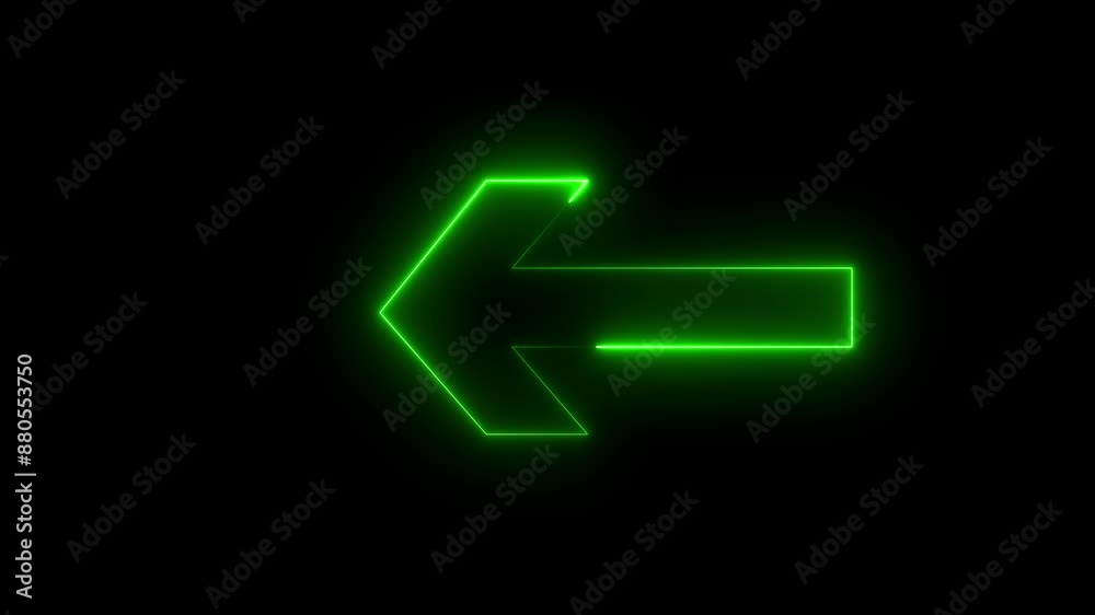 Glowing green color neon light arrow pointing left. Glowing neon left arrow sign on black background. Abstract Directional arrow animation. Glowing green color neon light arrow pointing left. Glowing neon left arrow sign on black background. Abstract Directional arrow animation.