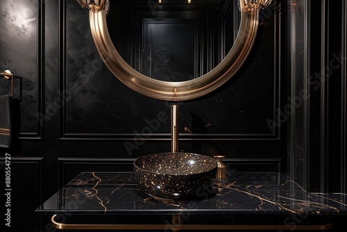 A straight-on shot of a black bathroom with a golden faucet and sink on a black marble countertop, and a luxury mirror with golden accents mounted above. photo