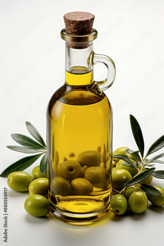 Glass bottle of olive oil with cork stopper Glass bottle of olive oil with cork stopper