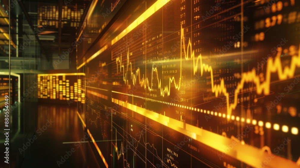 A gold price graph displayed on a large LED screen at a financial conference. A gold price graph displayed on a large LED screen at a financial conference.