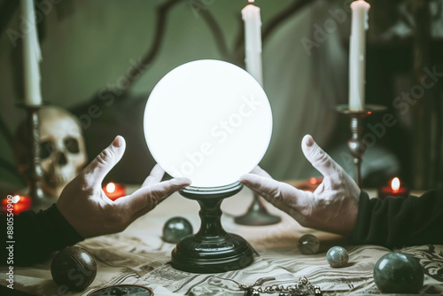 Séance room adorned with mystical symbols and artifacts, with a crystal ball glowing in the dim light as a medium attempts to scry visions of the future or communicate with spirit guides photo